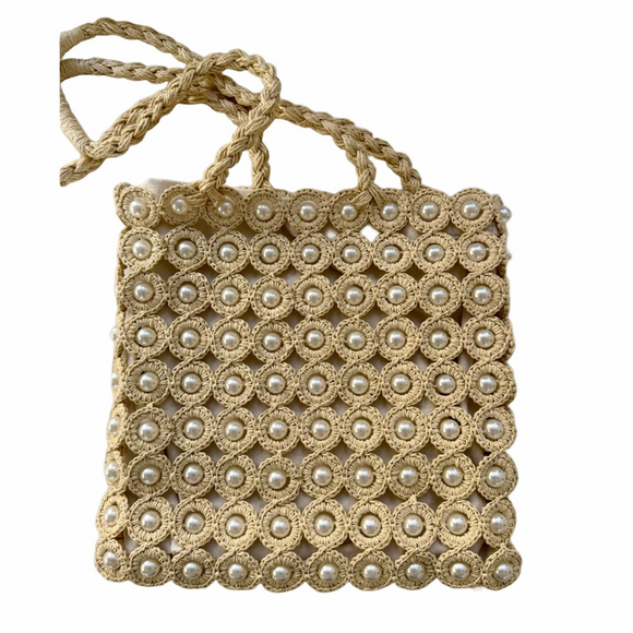 Haute Hippie Cream Macramé Purse Tote Shoulder Bag Pearl Woven Anthropologie - Picture 4 of 7